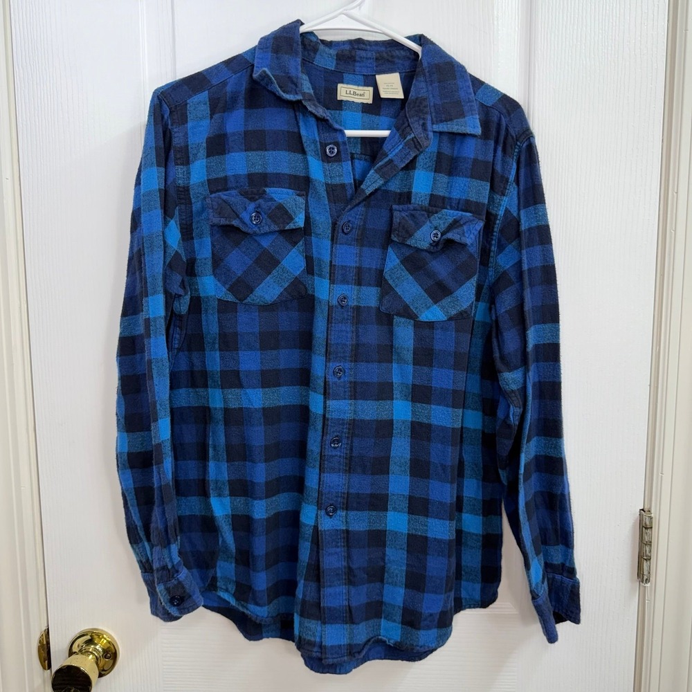 Vintage L.L. Bean youth blue plaid flannel 100% cotton button down shirt XLโ 18